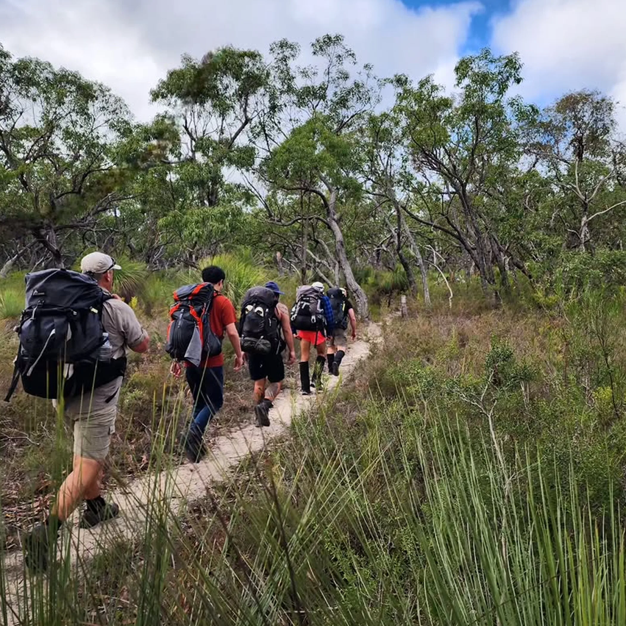 hikers walking on mountain trail