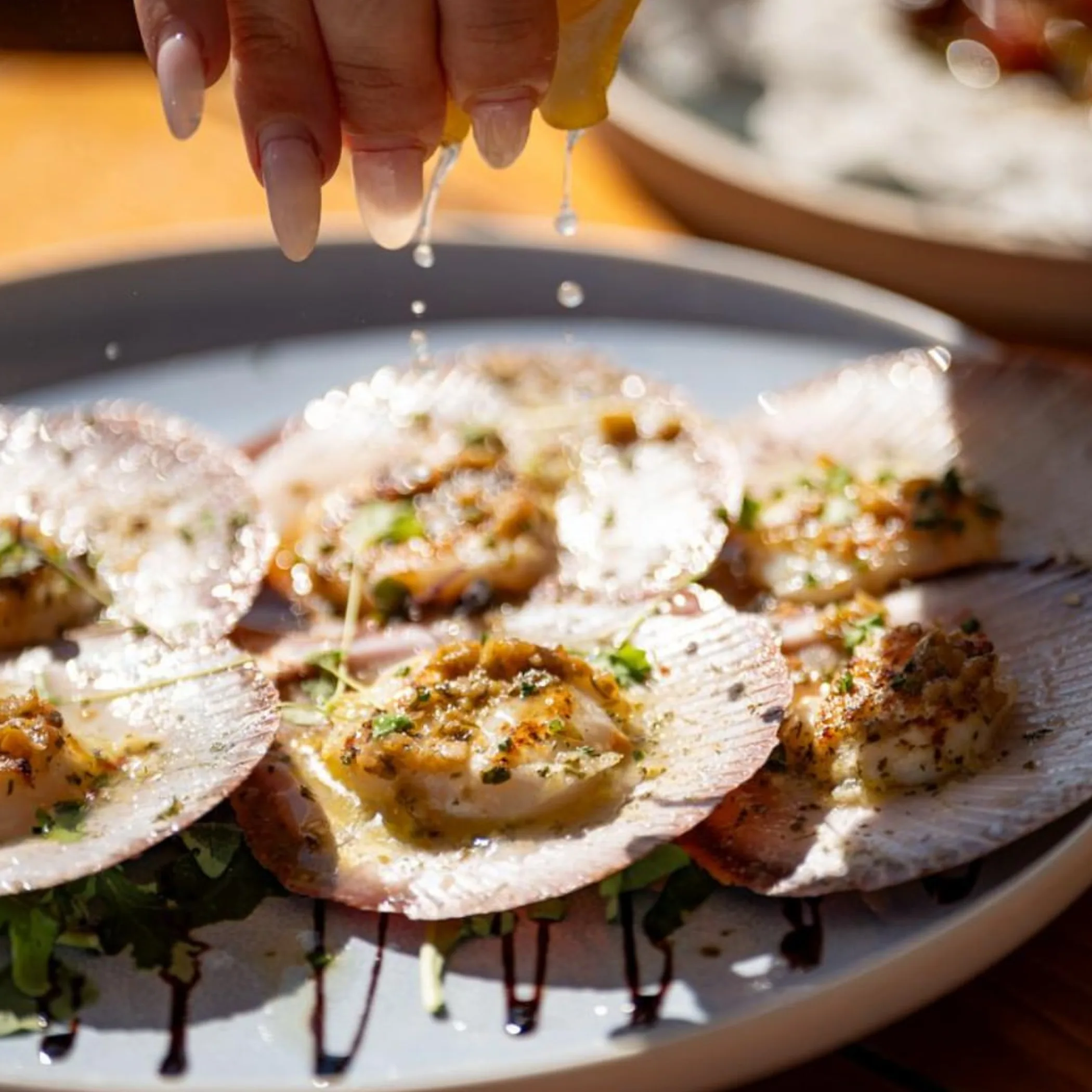 fresh seafood platter on wooden table